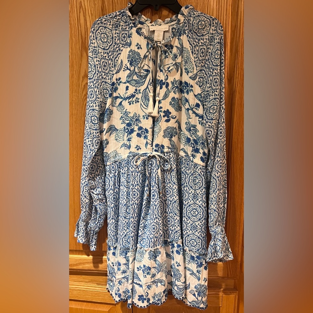 House of Harlow 1960 Boho Blue Floral Fringe Tiered Babydoll Mini‎ Dress Small